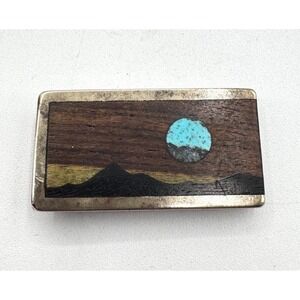 Vintage 1983 Sky West Turquoise Wood Inlay Mountain Landscape Money Clip Mens